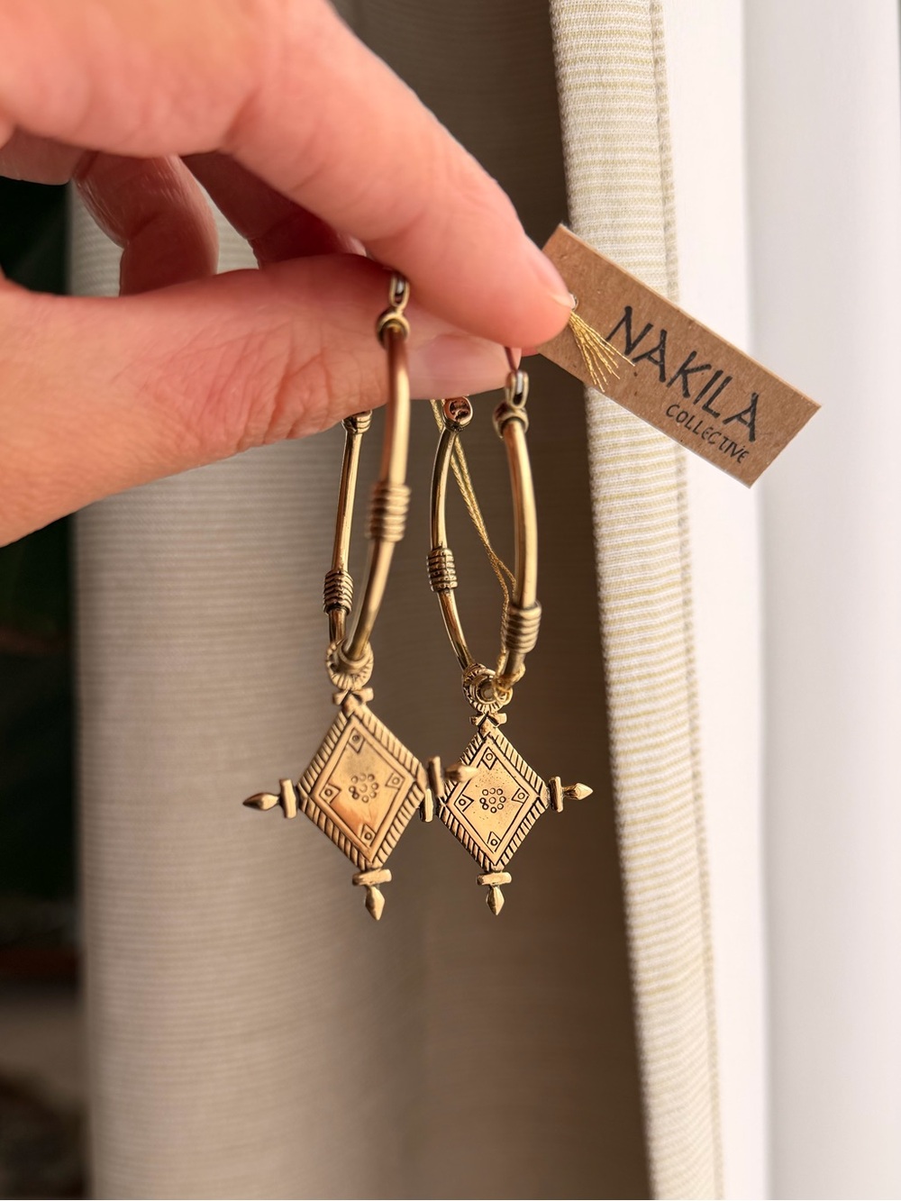 Gold Diamond-Shape Dangle Hoop Earrings